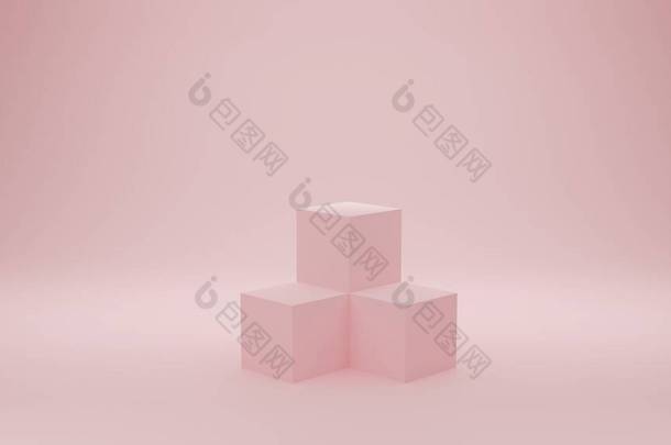 空的基座显示,粉红色的彩盒.带复制空间的三维渲染，用于品牌横幅、台阶平台、产品推广展示