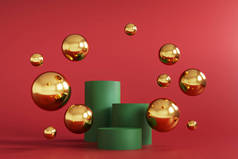 抽象最小场景与几何形式。圣诞色彩的圆柱形花坛。摘要背景。展示化妆品药水的场景。陈列柜，陈列柜3D渲染.