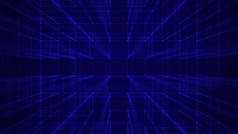 虚拟技术背景。Raster版本。蓝色立方体的组成。连接结构线和圆点。3d渲染.