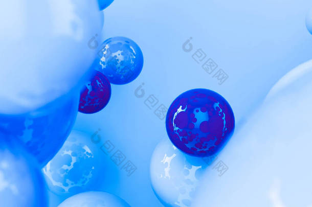 色彩艳丽，有3D个球体。糊状抽象的彩色气泡设计.3d渲染.