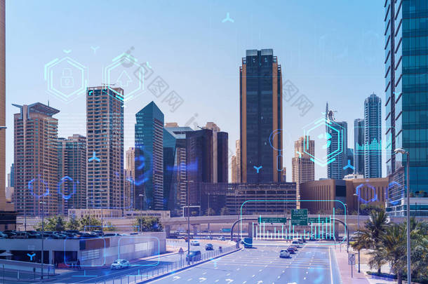 阿联酋市中心的城市景观摩天大楼。迪拜酋长国首都的现代天际线。运输方面的技术概念。加倍暴露.