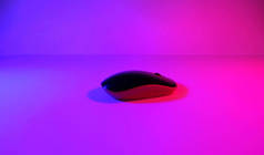 蓝色粉红霓虹灯背景的电脑鼠标，空的空间，紫外线光，照片在照相馆拍摄