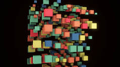 抽象流过的蓝色、绿色、红色和黄色立方体被隔离在黑色背景中。动画。旋转彩色3D立方体的垂直行，无缝循环.