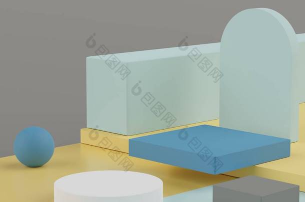 3D渲染地球色调最小显示平台或基座，用于模拟和产品展示与抽象的简单几何形状背景。饱和度变小.