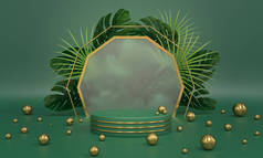 Podium, green stand with golden balls, spheres and plants behind glass. Premium background for adver