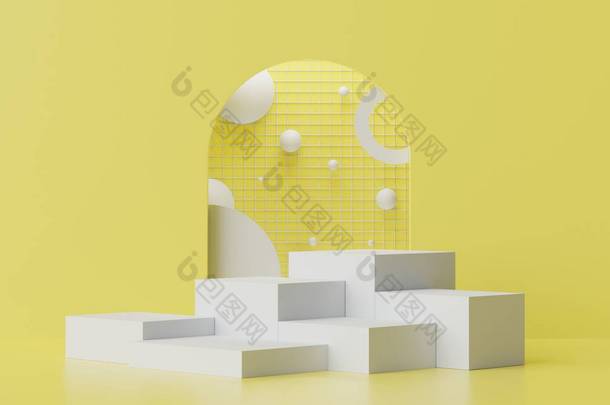 三维渲染最小显示平台或基座，用于模拟和产品展示与抽象的简单几何形状。2021年主题的黄色背景.