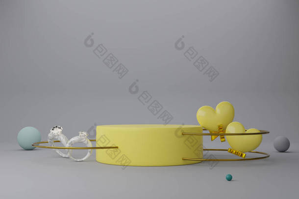 为现代舞台展示和<strong>简约</strong>的模仿、情人<strong>节</strong>背景、概念3D插图或3D渲染而创作的灰色构图中的黄色心形的空软垫