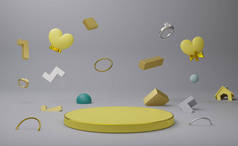 为现代舞台展示和简约的模仿、情人节背景、概念3D插图或3D渲染而创作的灰色构图中的黄色心形的空软垫