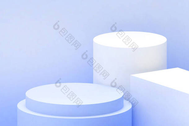带方块盒和蓝色<strong>背景圆柱</strong>体的最小平台几何形状。横幅,展示, - 3D渲染