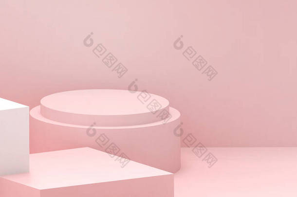 Podium abstract with Geometric shape and stage showcase Minimal on Pink wall background for product 