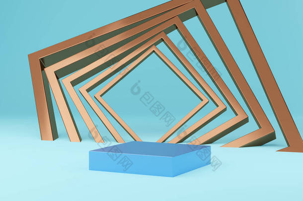 空的蓝色立方体讲台，蓝色底座上有金框。摘要最小工作室3D几何形状对象.展示产品设计的模拟空间.3d渲染.