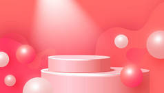 产品展示用的调校横幅。带有台阶和粉色背景空气中体积气泡的三维粉色讲台.