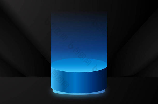 简约雅致的讲台基座舞台产品，带有蓝色霓虹灯光芒，适用于技术、前卫、电气、计算机等领域
