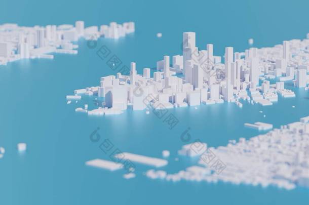 空中景观- -抽象<strong>的</strong>未来特大城市景观与大都市、建筑与摩天大楼、图像3D渲染、孤立<strong>的</strong>蓝色背景、现代城市与<strong>技术的</strong>概念