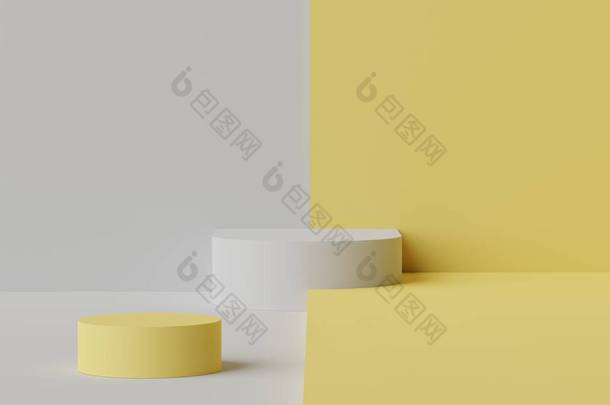 在2021年的主题中，以<strong>发亮</strong>的黄色为主题，对白色空白讲台的最小场景进行三维渲染。模拟产品展示及化妆品广告的展台.