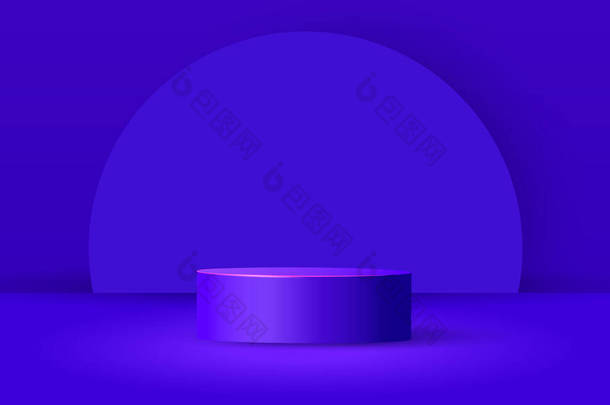 圆柱形讲台，有剪纸几何形状和紫色背景的阴影。产品演示用几何形状的最小场景