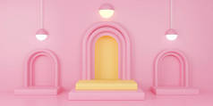 3D渲染三个带有拱形和粉色背景灯的空平台.