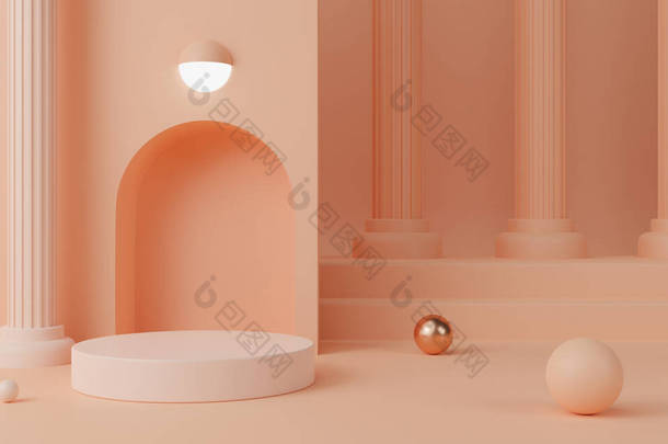 三维渲染空圆柱形讲台，带有浅橙色柱子和球体。抽象几何产品模拟设计.