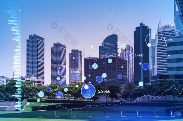 迪拜码头的钢铁和玻璃摩天大楼全景。<strong>阿联酋</strong>首都的现代城市景观。金融服务中心。FOREX图表和图表概念。加倍暴露.