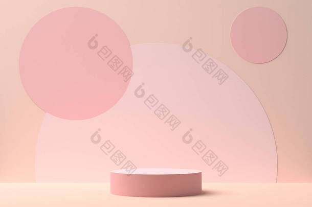 粉色背景的粉色圆形舞台，中间有圆形。3d渲染
