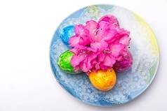 五彩缤纷的煮熟了的复活节彩蛋，粉红杜鹃开在蓝色的盘子里，背景是白色的，侧面有复制的空间.