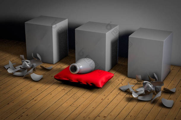 眼花缭乱地躺在一个红色枕头上，展示了<strong>竞争优势</strong>的企业理念。3D插图