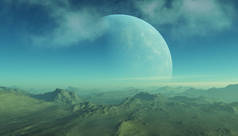 3D渲染的空间艺术：异形行星-蓝天蓝云幻景