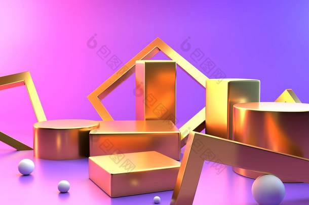 空白讲台黄金或紫色背景的底座展示与Podium品牌推广产品，3D渲染数字