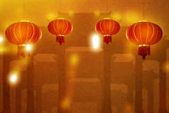 挂满花纹墙背景的中国灯笼