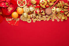 Chinese new year decorations, Gold Coins and money bag with character meaning, luck riches healthy o