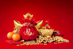 Chinese new year decorations, Gold Coins and money bag with character meaning, luck riches healthy o