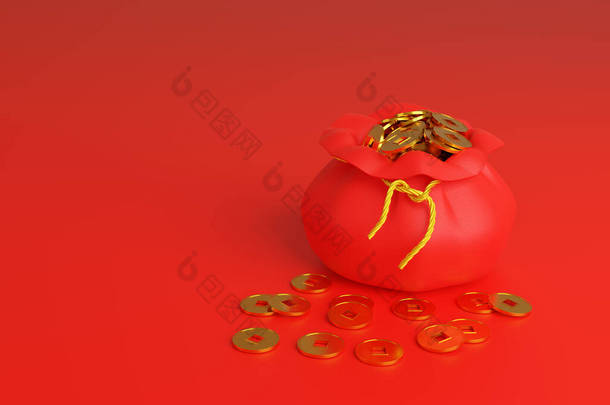 <strong>装满</strong>了中国<strong>金币</strong>,象征着繁荣,被红色背景隔开.3d说明.