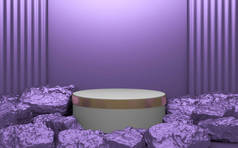 平台几何上的紫色石碑，用于产品演示。3D渲染