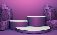平台几何上的紫色石碑，用于产品演示。3D渲染