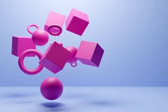 特写3D粉色和蓝色插图。不同的几何形状:立方体、圆柱体、球体放置在同一距离上.简单的几何形状飞行