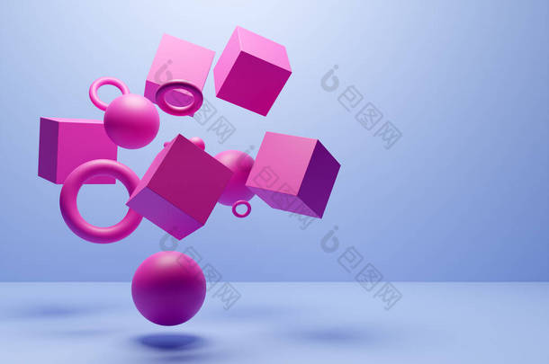 特写3D粉色和<strong>蓝色</strong>插图。不同的<strong>几何形</strong>状:立方体、圆柱体、球体放置在同一距离上.简单的<strong>几何形</strong>状飞行