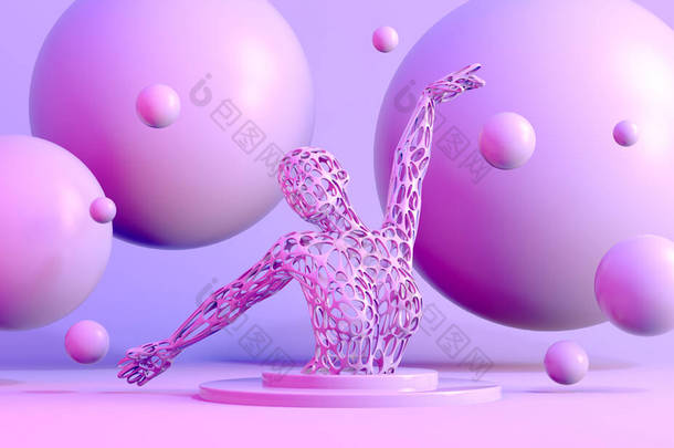 在粉红的背景上摆出冻结姿势的<strong>假模特</strong>.冰冰的舞姿3d渲染.