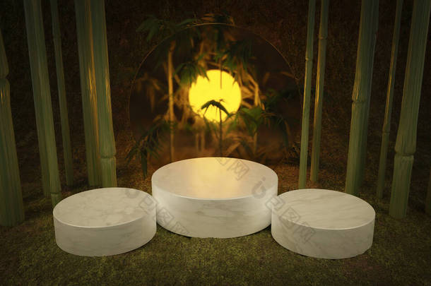 热带产品的立柱由3个圆柱形的大理石，竹子和一个扩散的玻璃圆环与背光。3D渲染