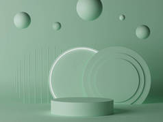 三维渲染带有浅绿色背景球体的空圆筒平台.