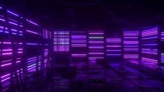 尼昂背景。紫色和蓝色的霓虹灯背景出现并消失了。明亮的霓虹灯背景。技术空间。房间。3d说明