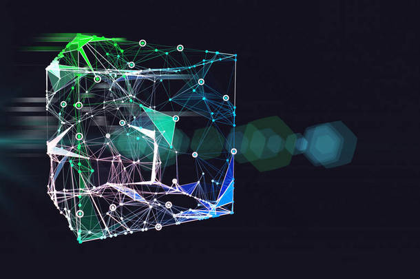 带3D线框和模糊线条的背景摘要.科学和技术的多边形概念。大数据商业、技术和科学未来主义可视化.  