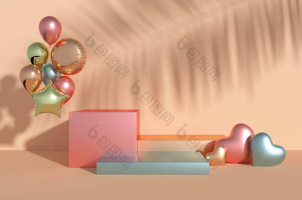 3D渲染彩箔气球，心脏，讲台在地板上。一套产品展示平台,模拟背景.最小的设计，生日派对，情人节，演示。色彩艳丽
