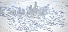 白色低矮聚居的现代市中心俯瞰。3d渲染