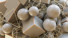 立方体、球体和线框对象的抽象艺术