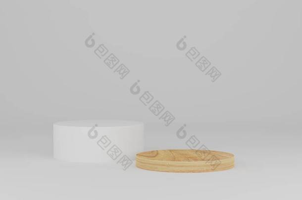 3D渲染。白色背景的木制讲台。抽象最小场景与几何。展示、展示产品、模拟、展示化妆品的平台或平台