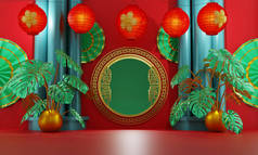 中国金门装饰着红色灯笼和红色背景的热带植物及三根绿色柱子