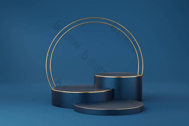空的蓝色圆柱形讲台，金色边框，蓝色底座上有2个金圆。摘要最小工作室3D几何形状对象.展示产品设计的模拟空间.3d渲染.