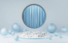 空白的白色大理石圆柱形讲台，蓝边，条纹，灰色圆弧球和帷幕背景。3D几何形状物体。用于展示的足部模拟空间。3d渲染.