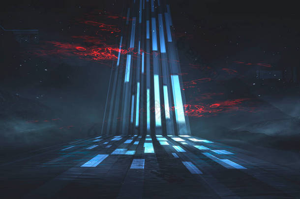 未来派幻想的夜景与抽象的风景与岛屿,月光,光芒,月亮,霓虹灯.黑暗的自然景观,在水中反射光线.Neon space galaxy portal.3D插图. 