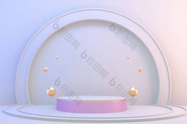 3D渲染。现代简约的粉白色讲台抽象圆筒显示屏.